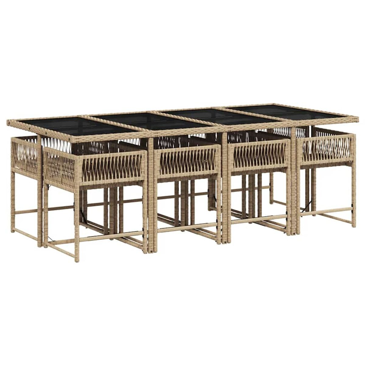 Set da pranzo da esterno in rattan con piano in vetro. Quattro sedie sono riposte. Il set è beige e marrone.