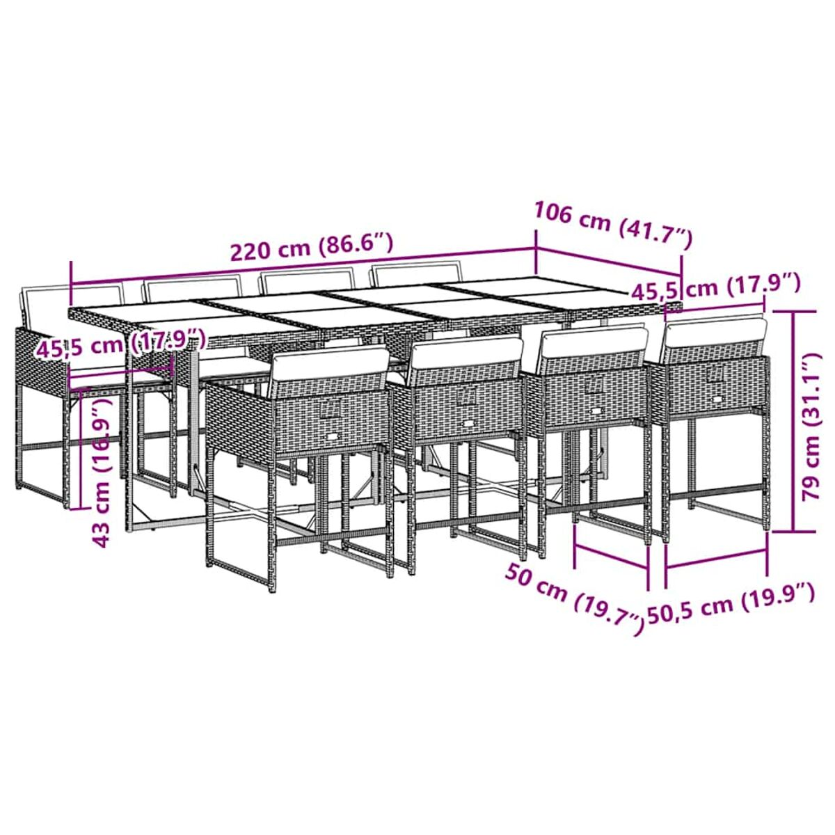 Ein Diagramm zeigt einen Tisch mit Abmessungen in cm und Zoll, umgeben von Stühlen. Es ist eine Gartenmöbelgarnitur.