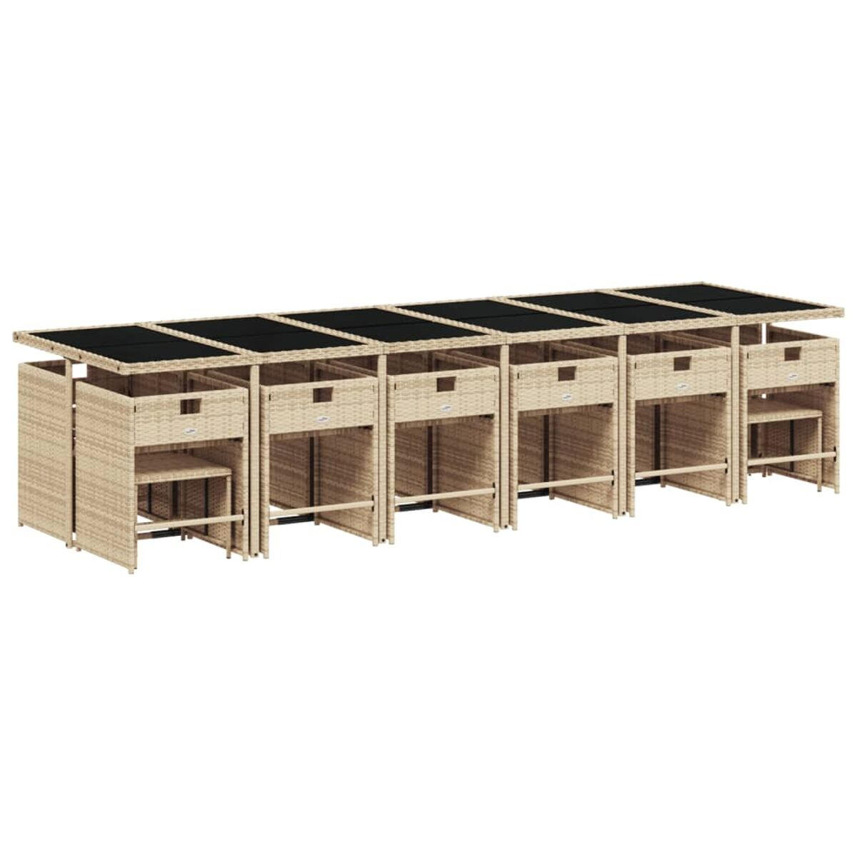 Rattan-Außenbar mit schwarzer Tischplatte. Sie hat Schubladen und Regale. Es ist auf weißem Hintergrund.