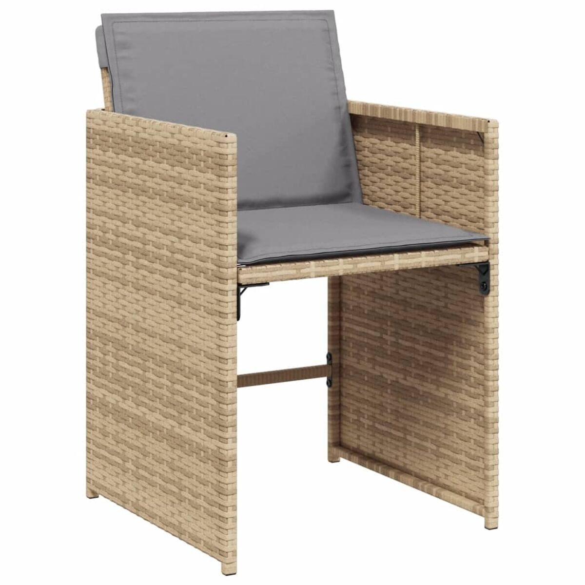 Beiger Webstuhl-Stuhl mit grauem Kissen. Quadratische Rückenlehne und Sitzfläche mit Armlehnen.
