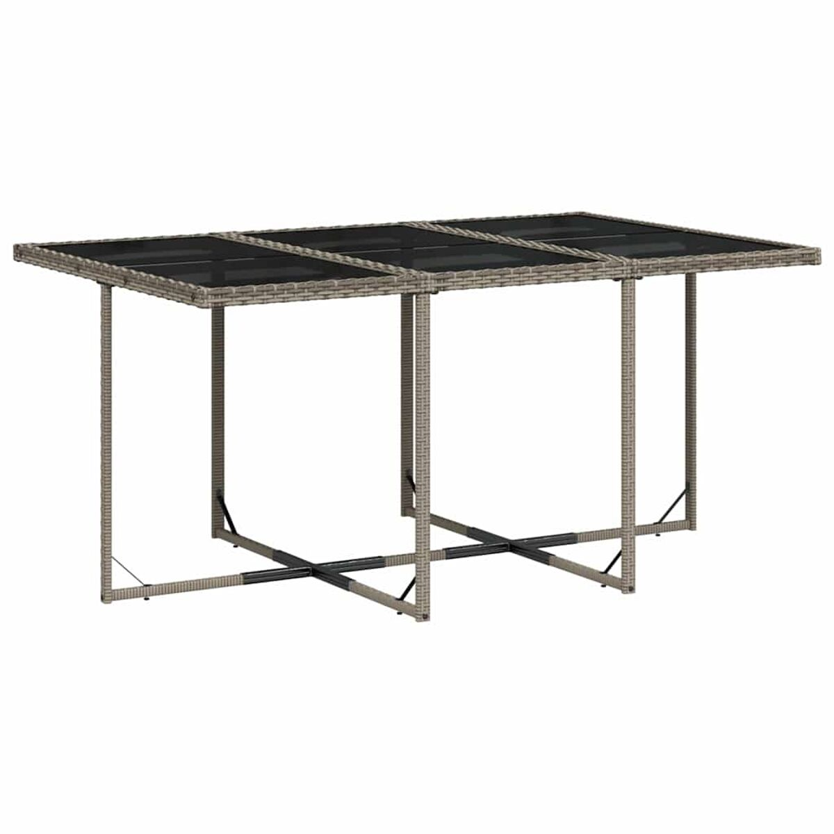 Tavolo rettangolare con piano in vetro e struttura in vimini con supporti neri. È all'aperto.