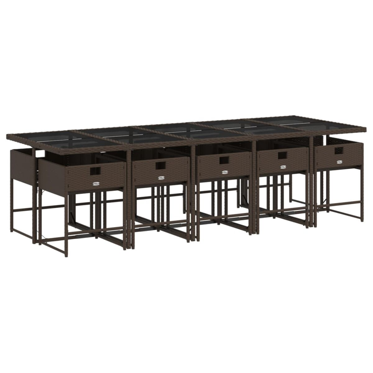 Juego de comedor marrón para exteriores con mesa larga y seis cajones.
