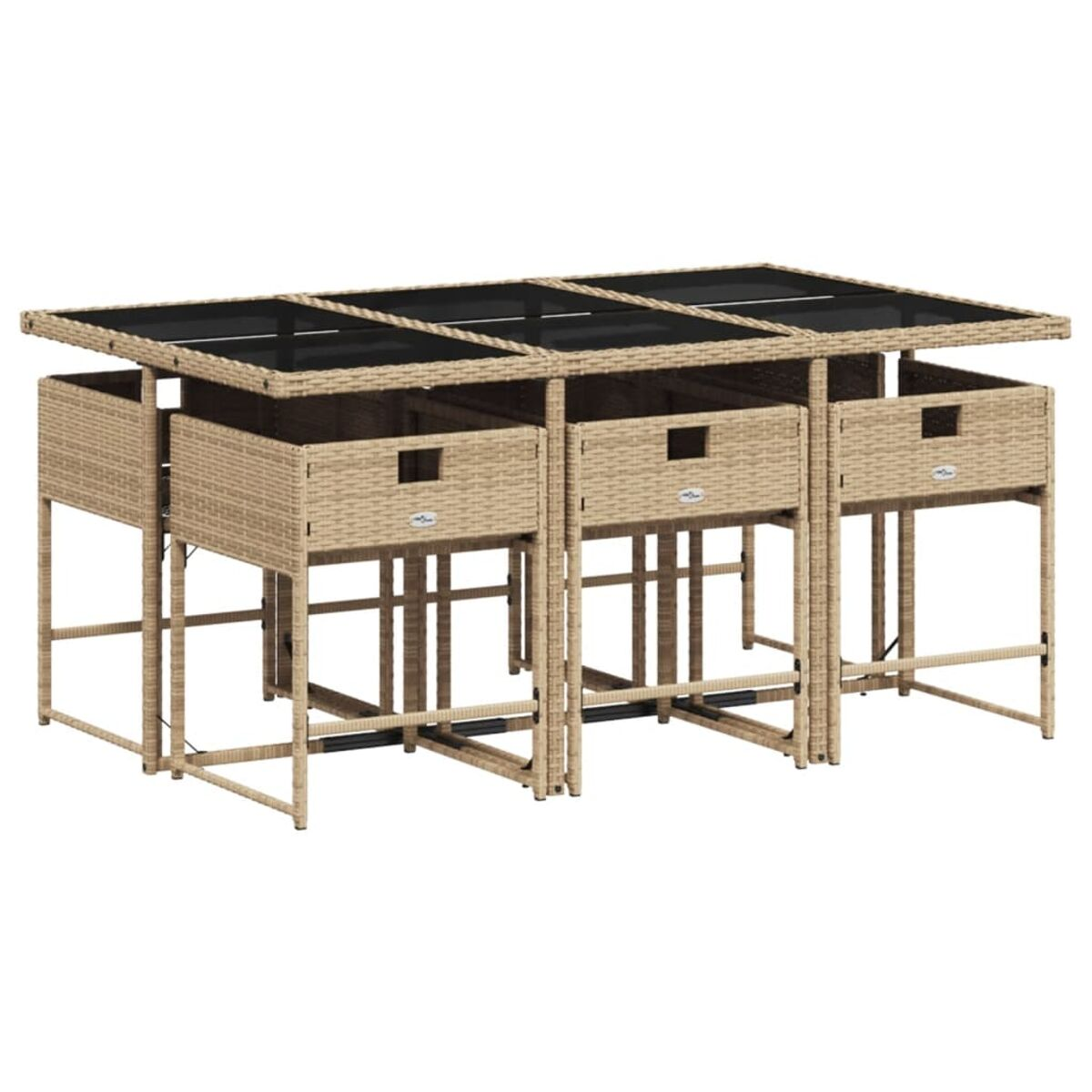 Set da pranzo da esterno in vimini con piano in vetro e tre cassetti.
