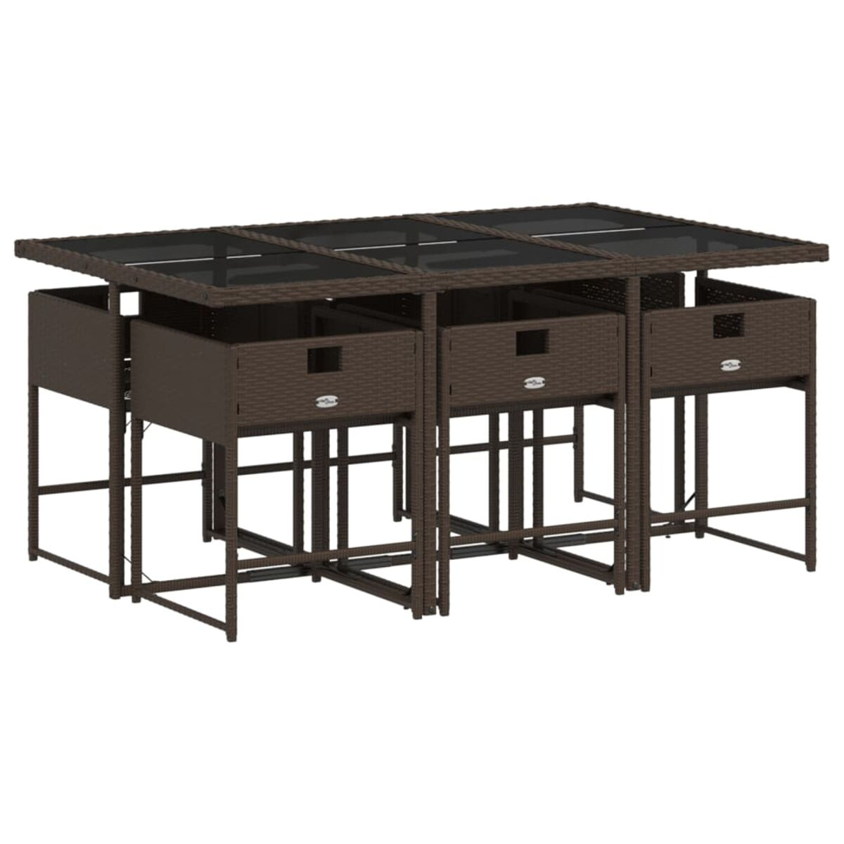 Set da pranzo da esterno con tavolo scuro e sedie con contenitore.