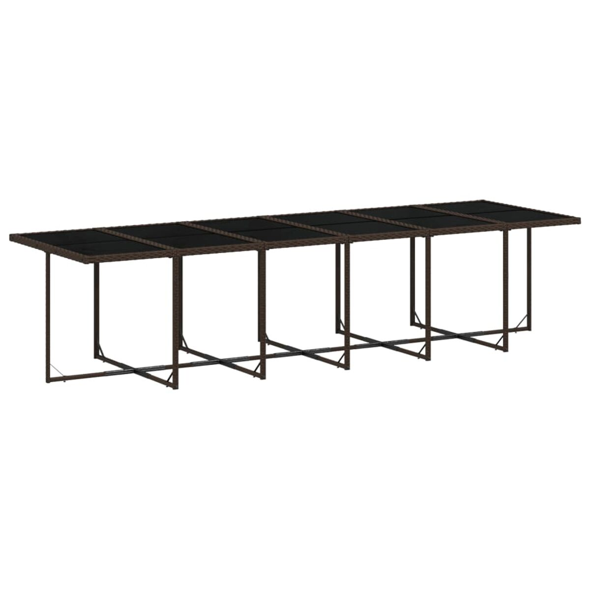 Tavolo lungo marrone con piano nero, in vimini. Forma rettangolare, con più supporti.