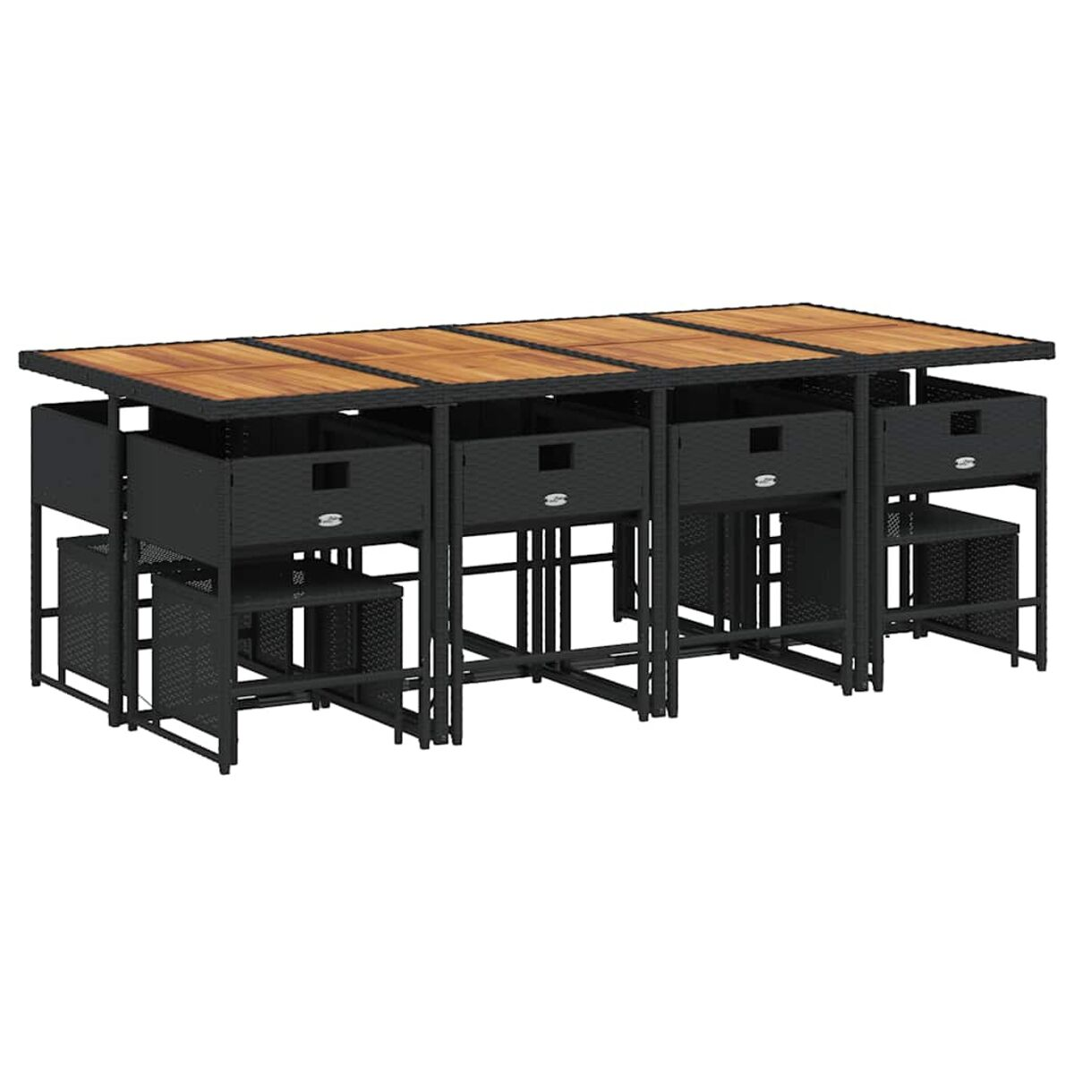 Set da pranzo per esterni. Tavolo con cassetti e sgabelli. Colore nero.