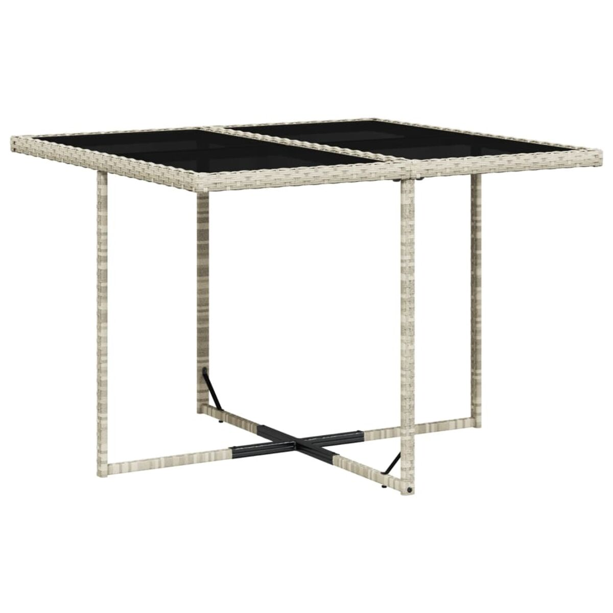 Quadratischer Gartentisch mit schwarzer Glasplatte. Weißer Rahmen und vier Beine.