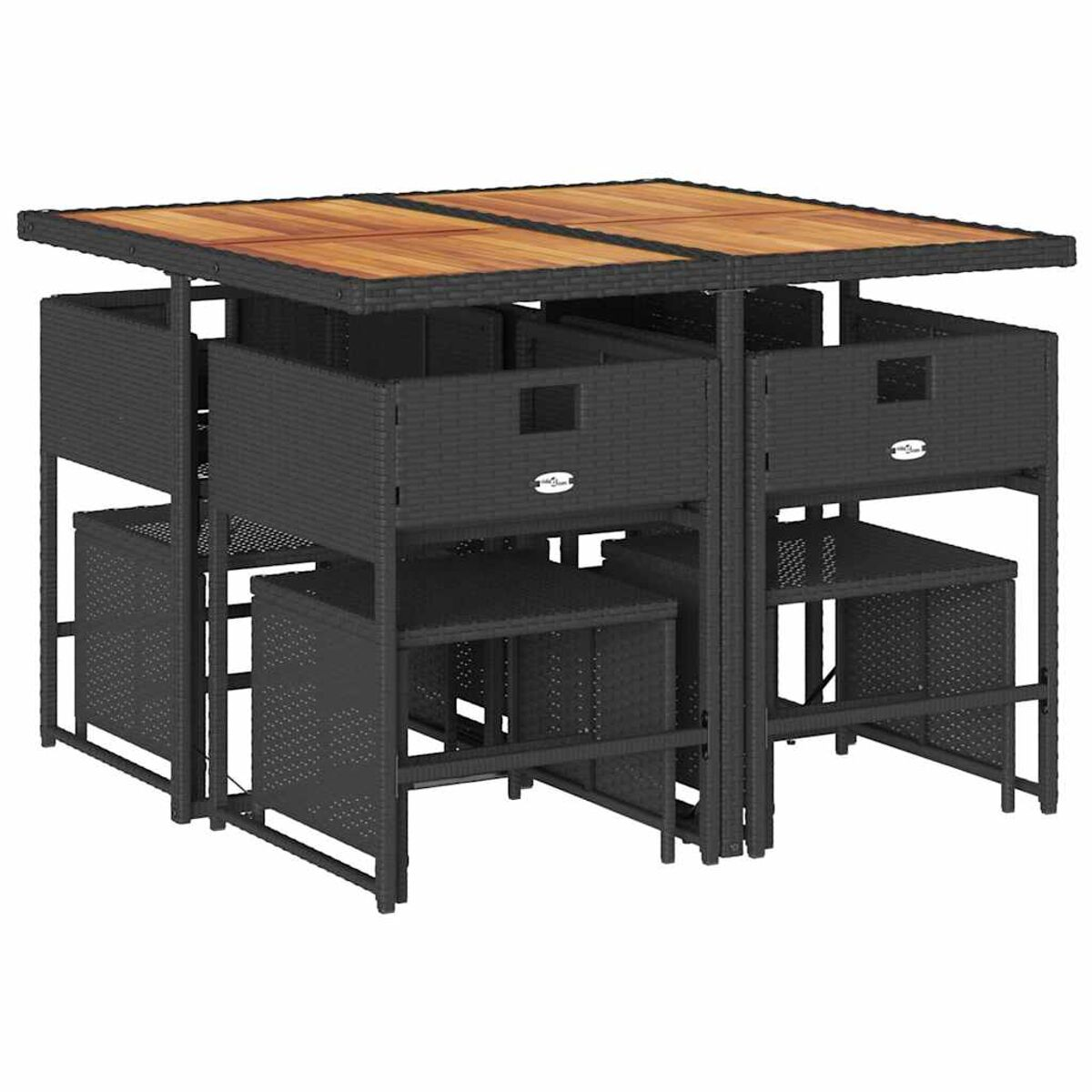 Un tavolo in vimini nero con sei sedie. Il tavolo ha un piano in legno. Le sedie sono nere.