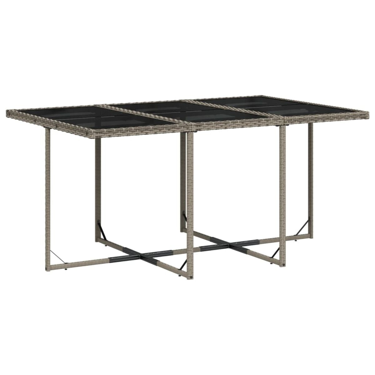 Un tavolo da pranzo per esterni con piano in vetro e struttura in vimini. È su sfondo bianco.