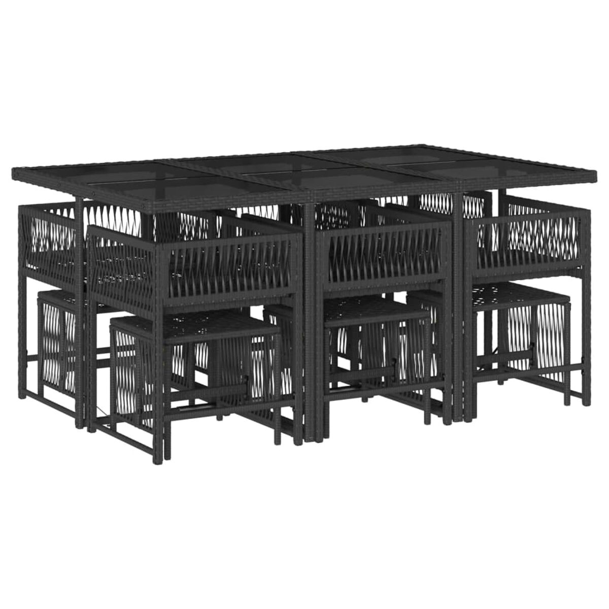 Un juego de mesa de ratán negro con sillas, con vidrio negro en la parte superior, un diseño moderno.