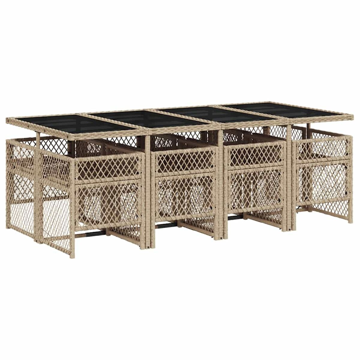 Set da tavolo per esterni con struttura intrecciata e piano in vetro nero, senza persone.