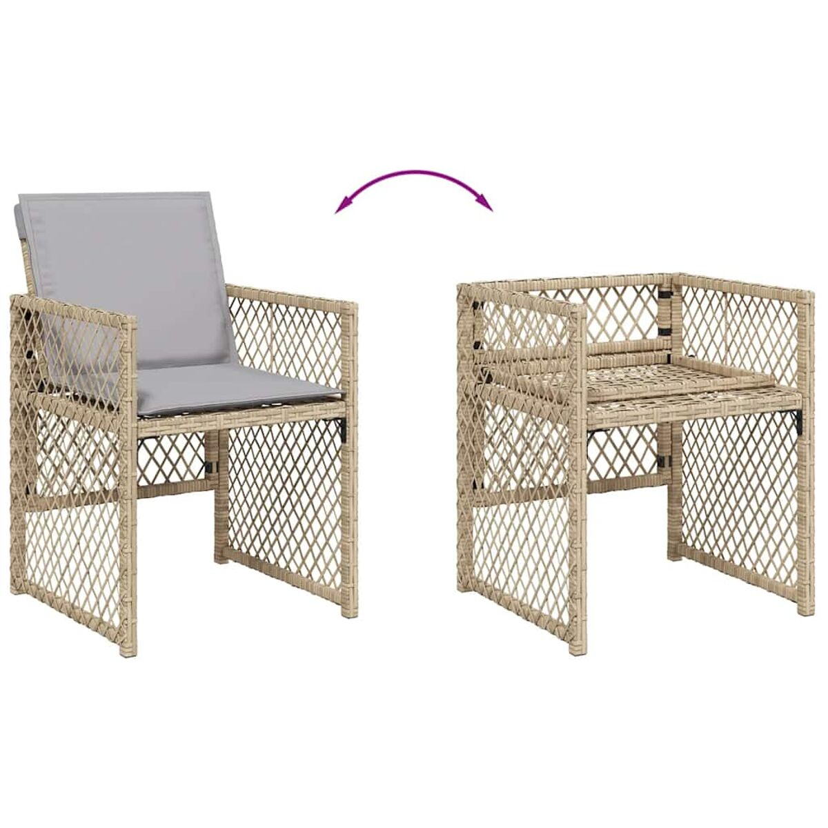 Sedia in vimini, mostrata con e senza cuscino, transizione con una freccia. Sfondo bianco.