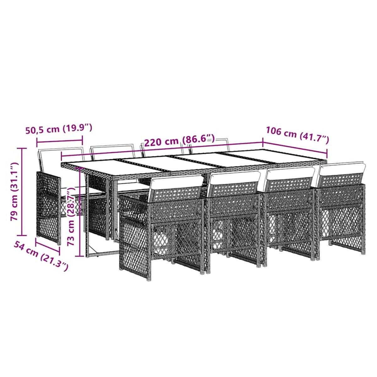 Set da pranzo per esterni, dimensioni etichettate: tavolo e sedie. Layout con misure incluse.