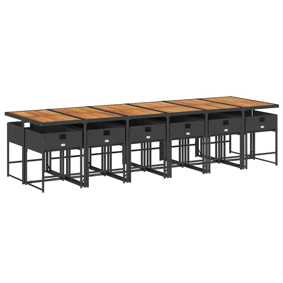 Set tavolo lungo da esterno con struttura in metallo nero e piano in legno. Sei contenitori sottostanti.