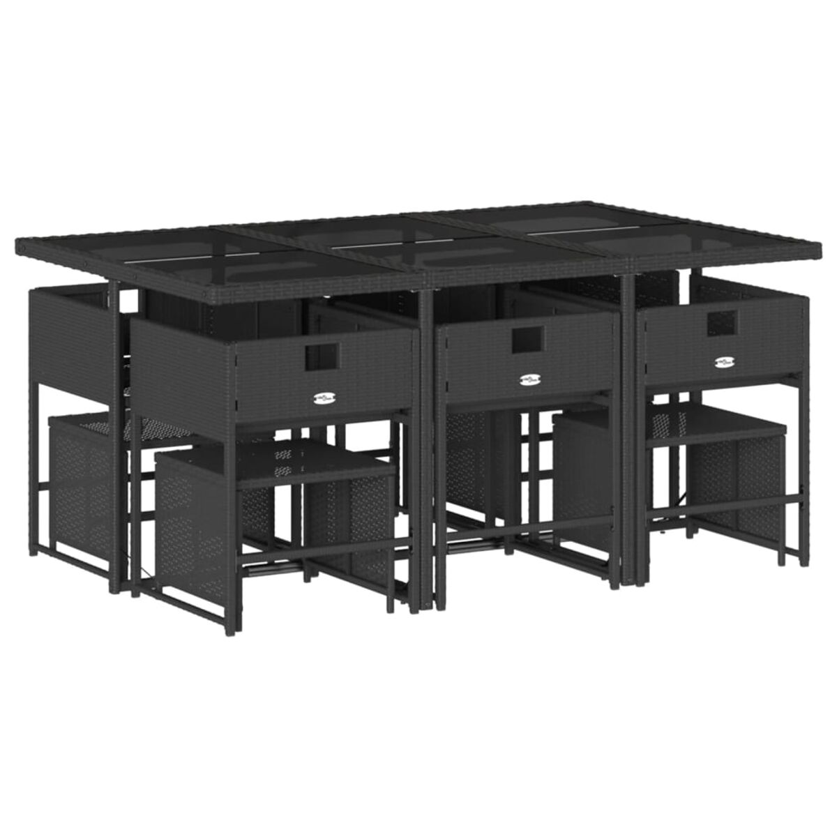 Set da pranzo per esterni con dimensioni. Tavolo nero con contenitori e sedie.