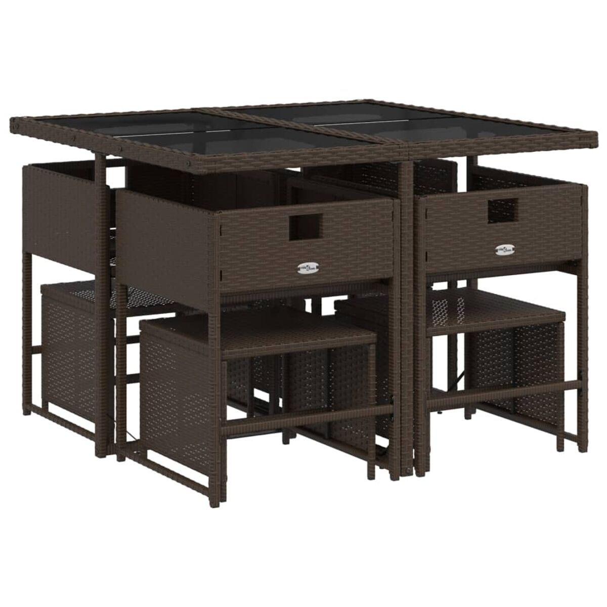 Set tavolo quadrato in rattan marrone con quattro sgabelli. Piano in vetro.