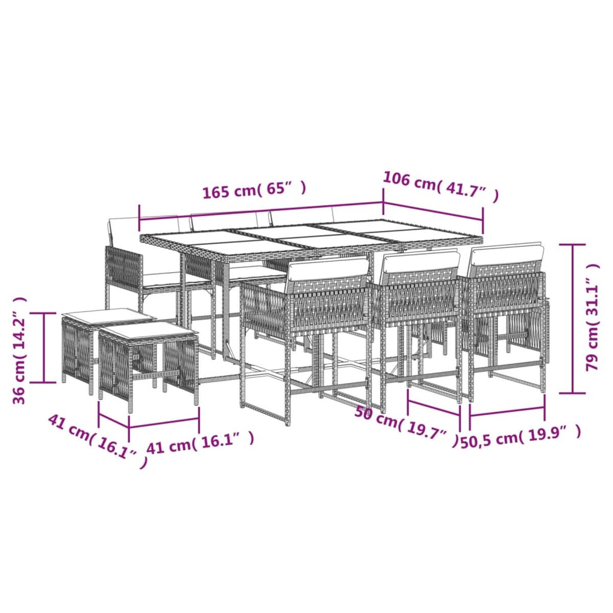 Set da pranzo all'aperto con dimensioni. Tavolo e sedie. Design intrecciato con dettagli in legno. Sfondo bianco.