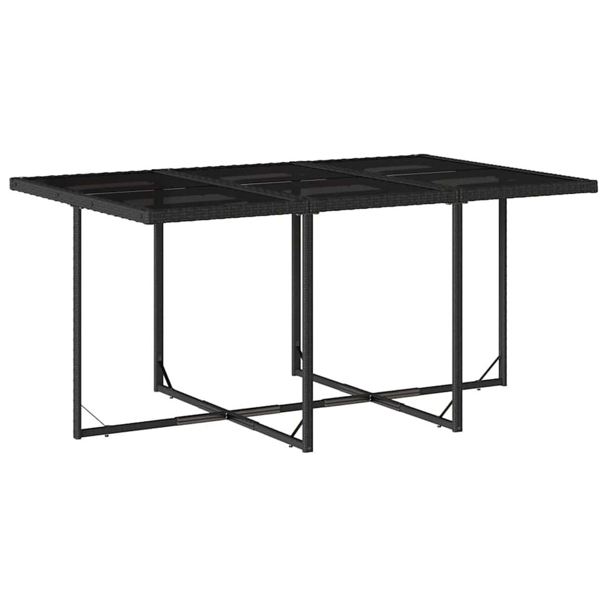 Tavolo rettangolare nero con gambe in metallo nero. Supporti a forma di X angolati. Sfondo bianco.