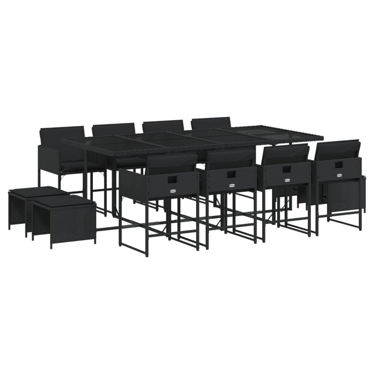 Set da pranzo da esterno in rattan nero. Include tavolo, sedie con cuscini e sgabelli.