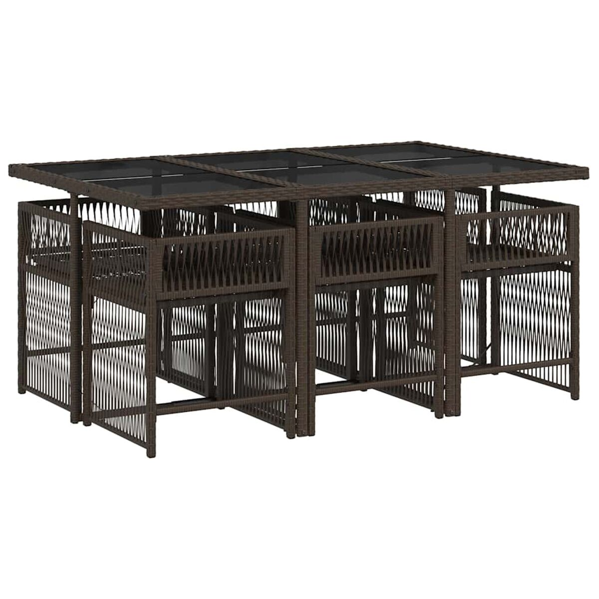 Tavolo da pranzo in rattan con sedie. Il tavolo ha un piano in vetro. Design intrecciato marrone.