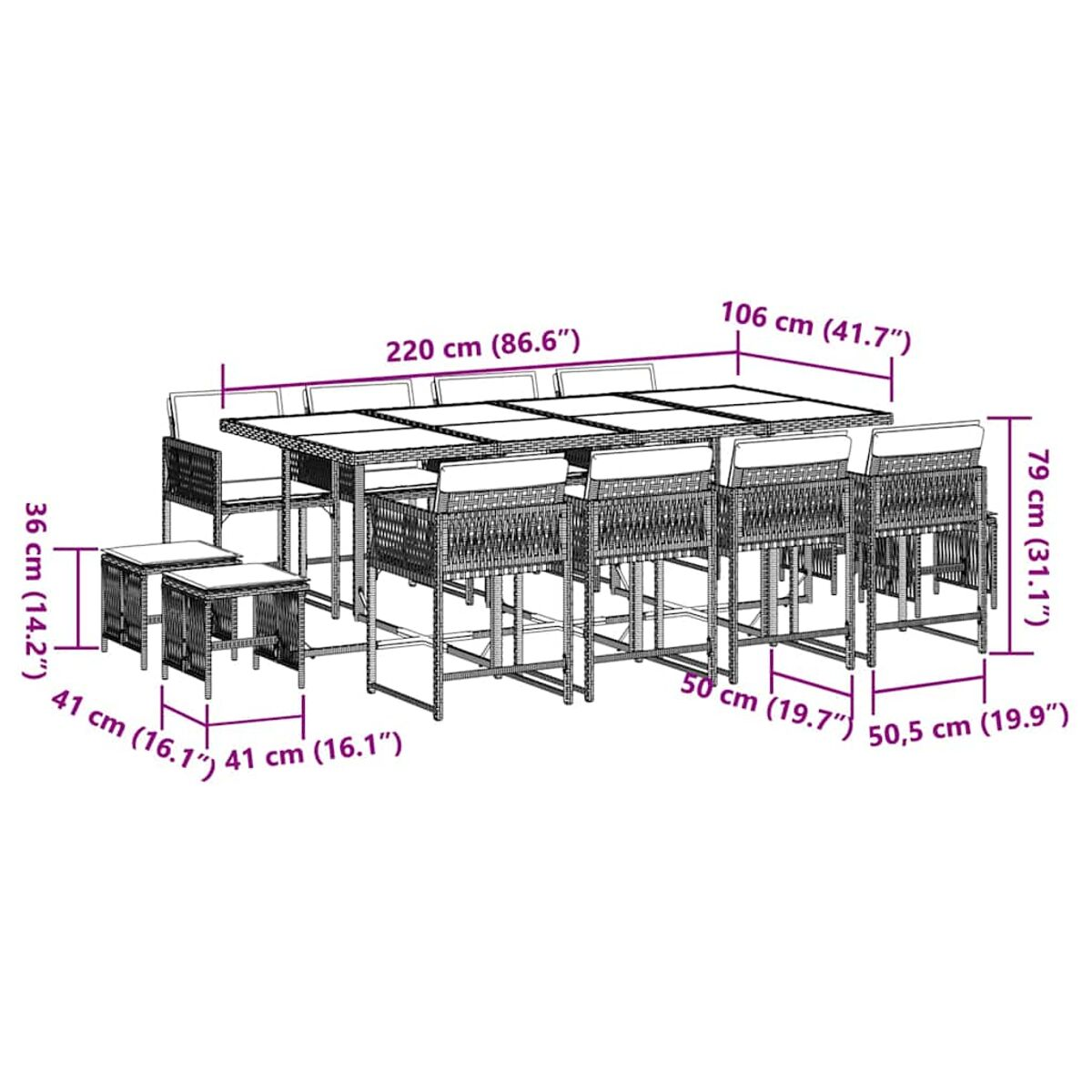 Set da pranzo in rattan nero per esterni con tavolo e 10 sedie. Dimensioni visibili.