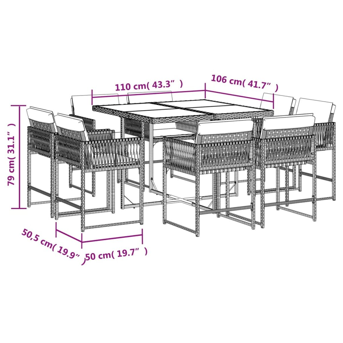 Set da pranzo in rattan nero con tavolo e 6 sedie. Dimensioni visibili.
