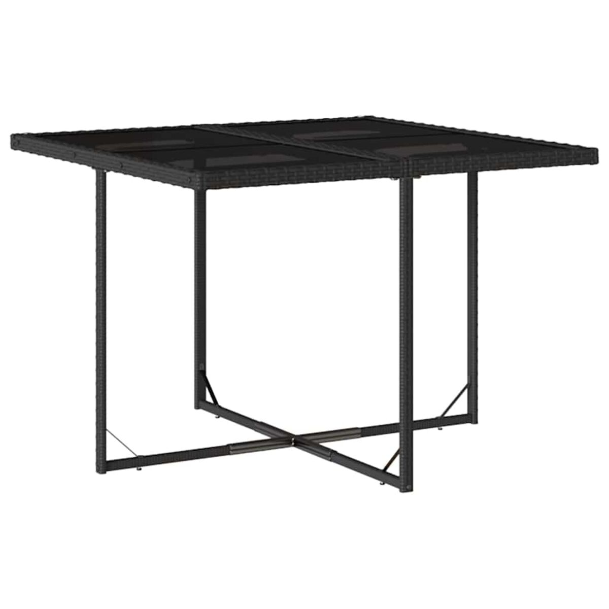 Tavolo nero con gambe a forma di X, visto dall'alto. Piano in vimini con cornice nera.