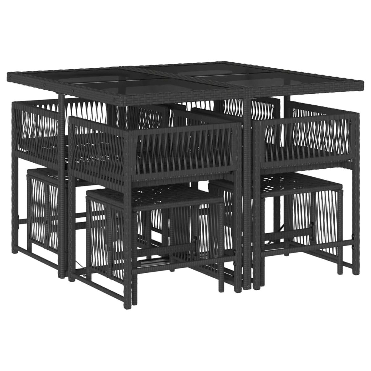 Set da pranzo da patio in vimini nero. Tavolo quadrato con 6 sedie.