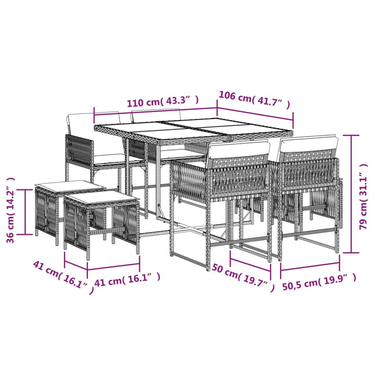 Diagramma di un set da pranzo all'aperto con dimensioni in centimetri. Sono mostrati un tavolo, sedie e sgabelli.