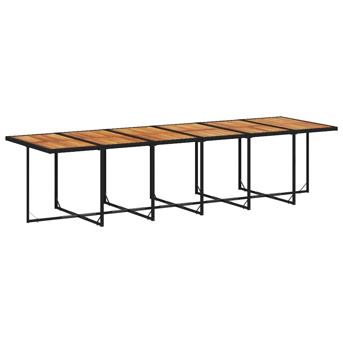 Langer Holztisch mit Metallbeinen. Der Tisch hat eine rechteckige Form, die Beine sind schwarz.