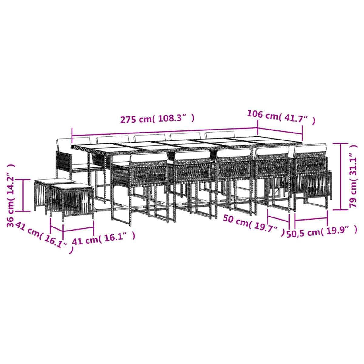 Schema di un grande set da pranzo all'aperto con misure per tavolo, sedie e sgabelli.