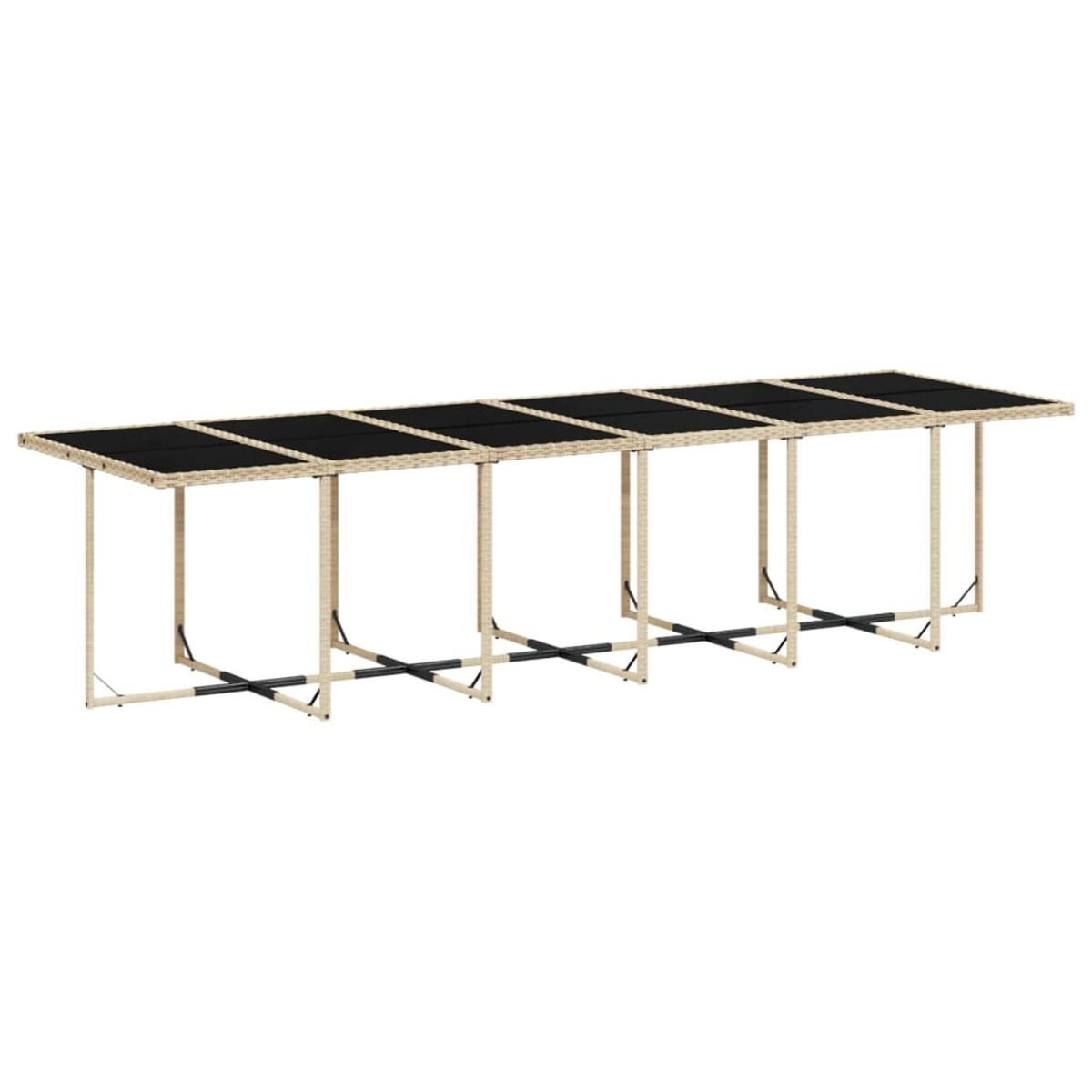 Tavolo rettangolare lungo con piano nero e gambe marrone chiaro, ambiente esterno.