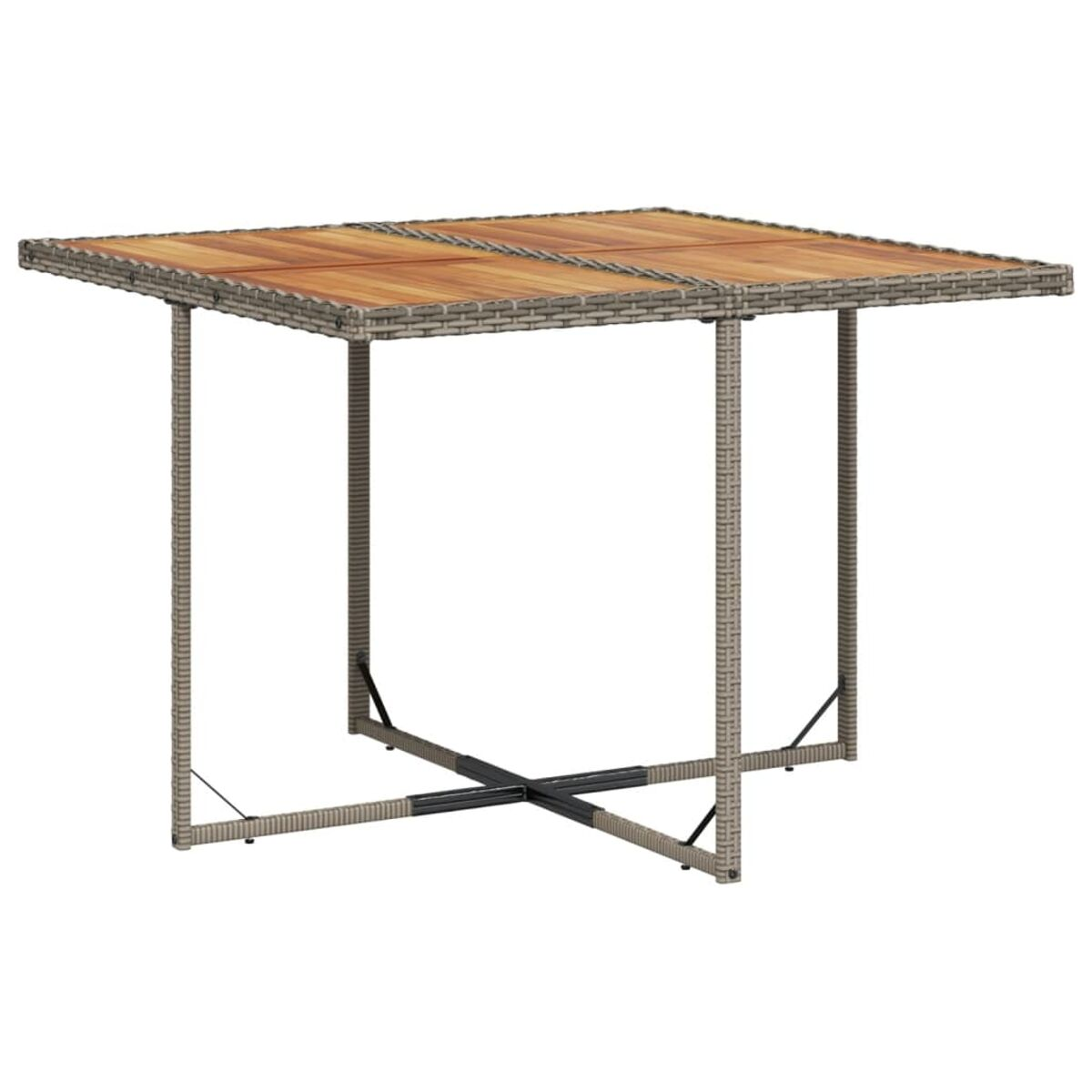 Ein quadratischer Tisch mit Holzplatte und gewebten Seiten. Der Tisch steht auf Metallbeinen.