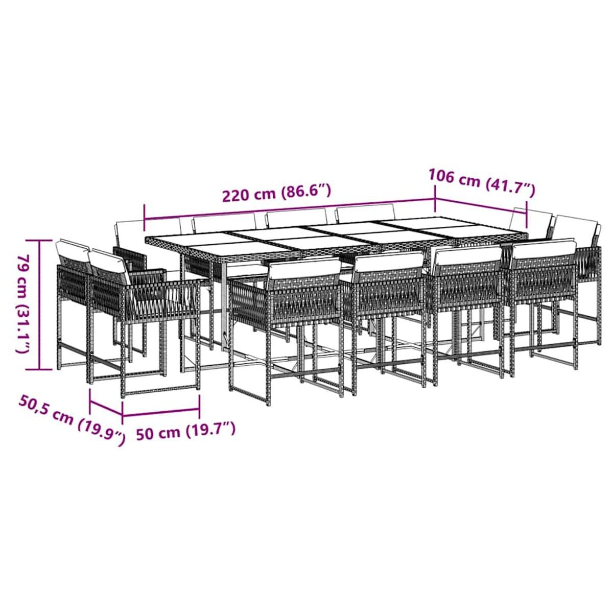 Un gran juego de comedor al aire libre, con dimensiones etiquetadas.