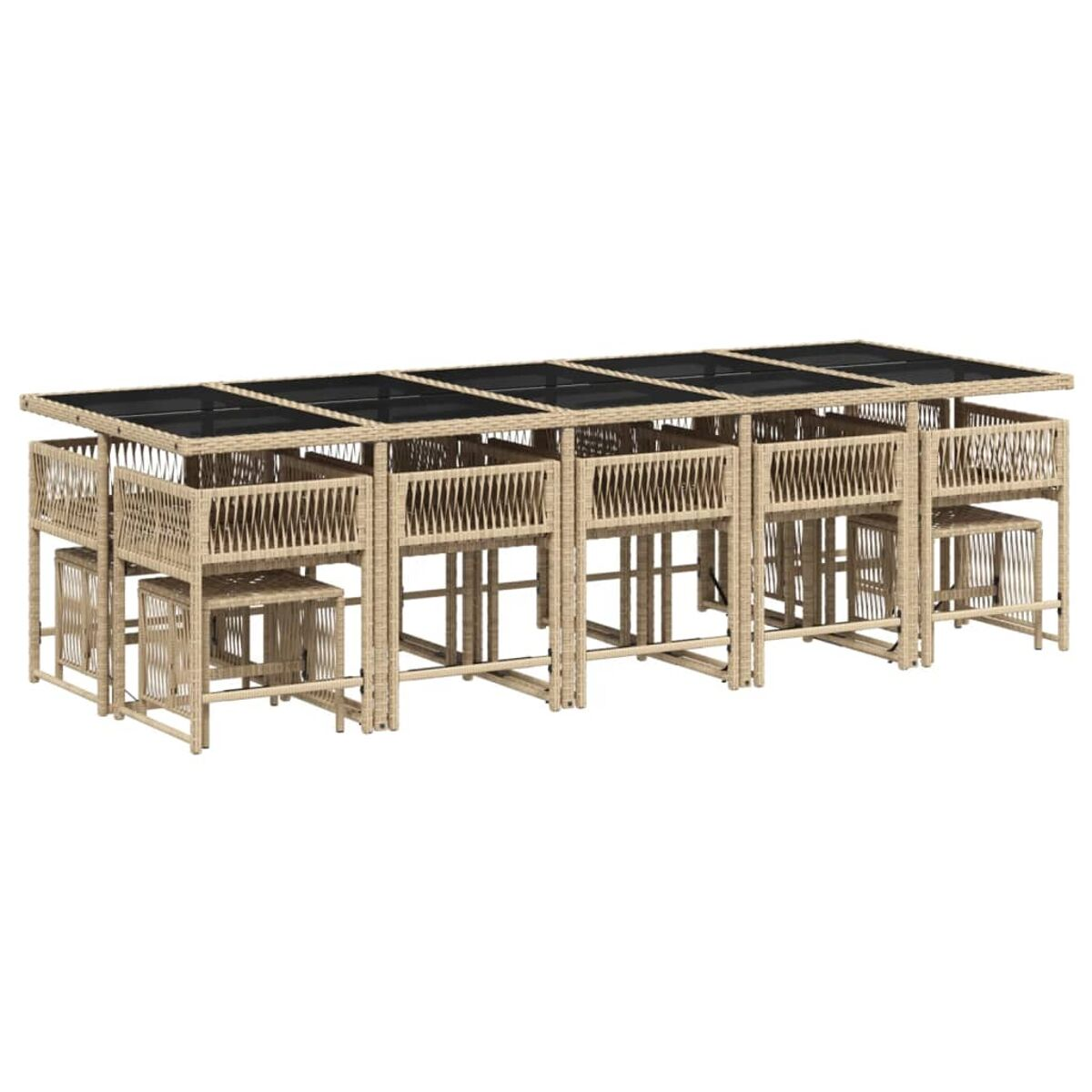 Un lungo set bar da esterno con più aree salotto e cassetti. Il bar ha un piano nero.
