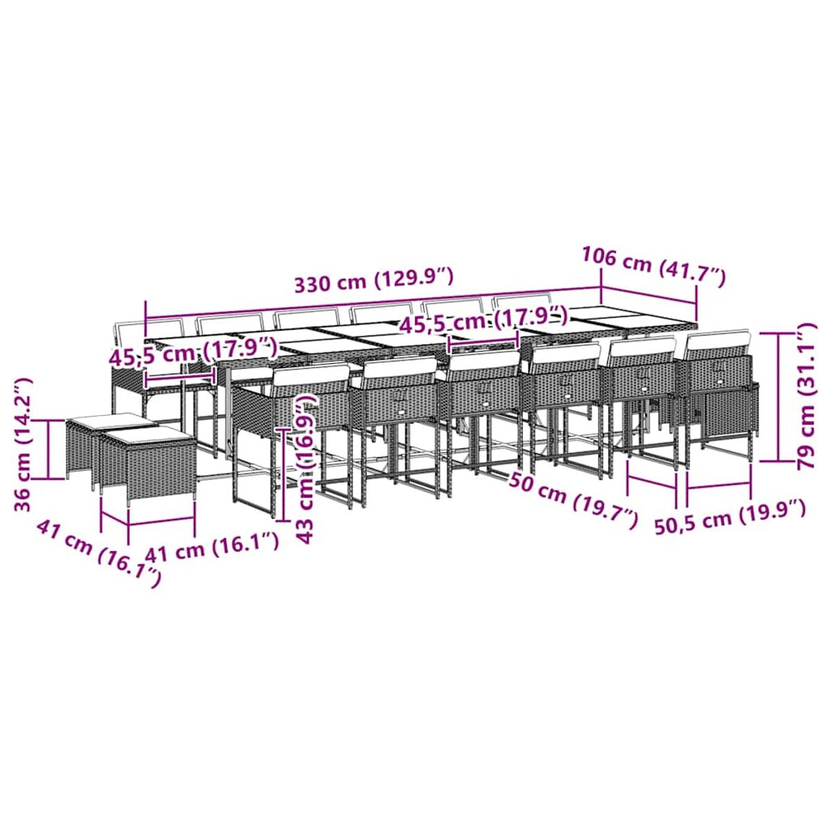 Juego de patio con una mesa grande, sillas y taburetes. Dimensiones etiquetadas. Fondo incluye una casa.