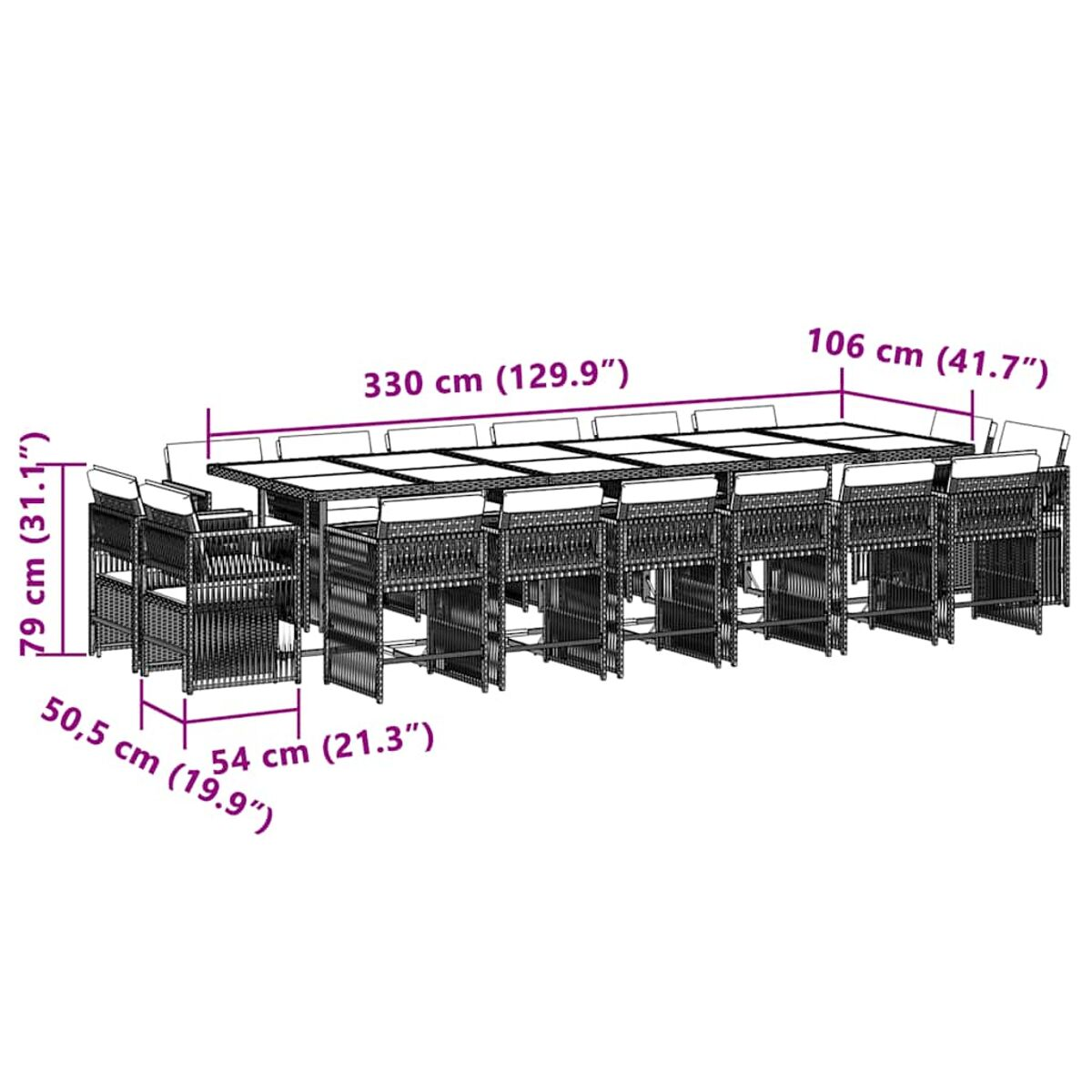 Diagramm der Abmessungen des Esssets im Freien in cm. Rechteckiger Tisch und Stühle mit Maßen. Weißer Hintergrund.