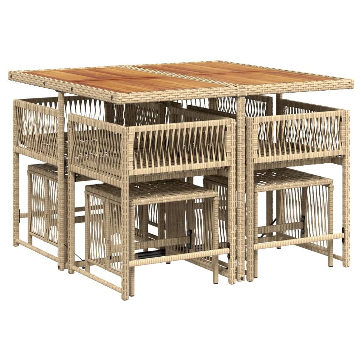 Set tavolo e sedie da esterno. Vimini beige, piano del tavolo in legno. Sfondo bianco.