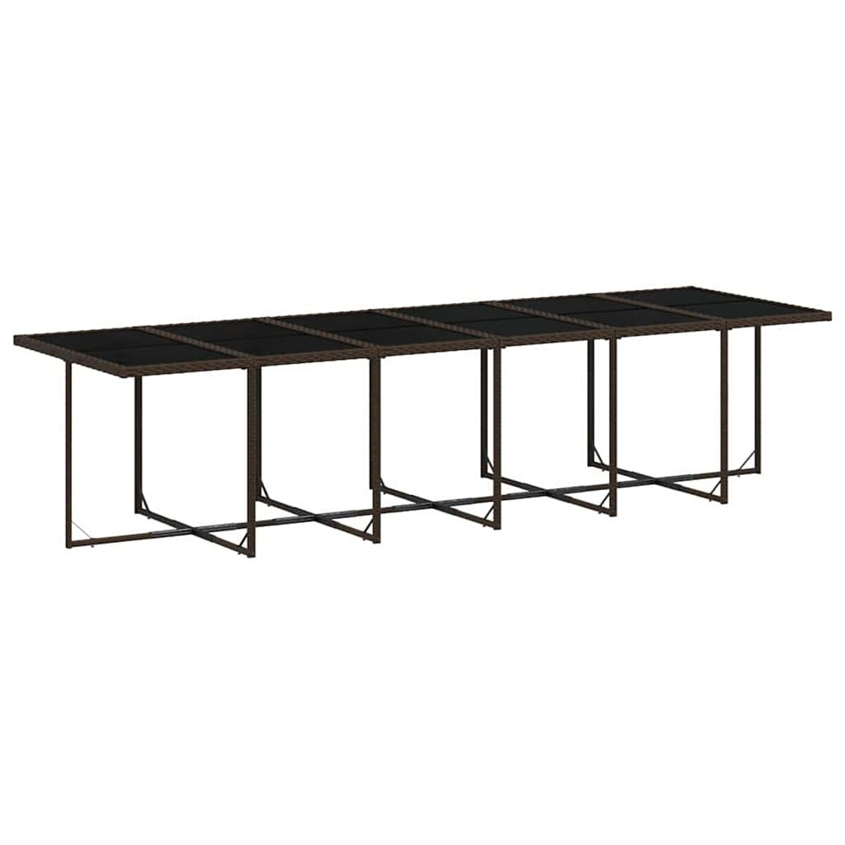 Tavolo lungo con piano nero e gambe marrone scuro, ambiente esterno.