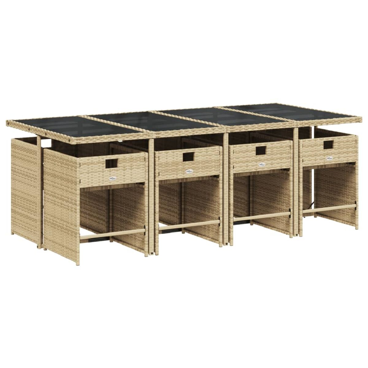 Outdoorküche mit mehreren Korbschränken und schwarzen Oberflächen.