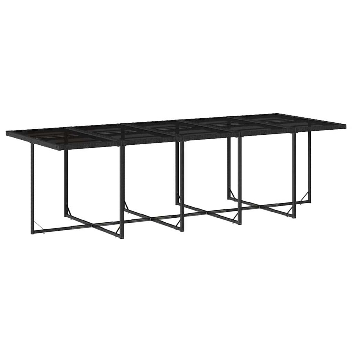 Struttura in metallo nero con piano in vetro. Gambe a forma di croce. Design lungo e rettangolare.