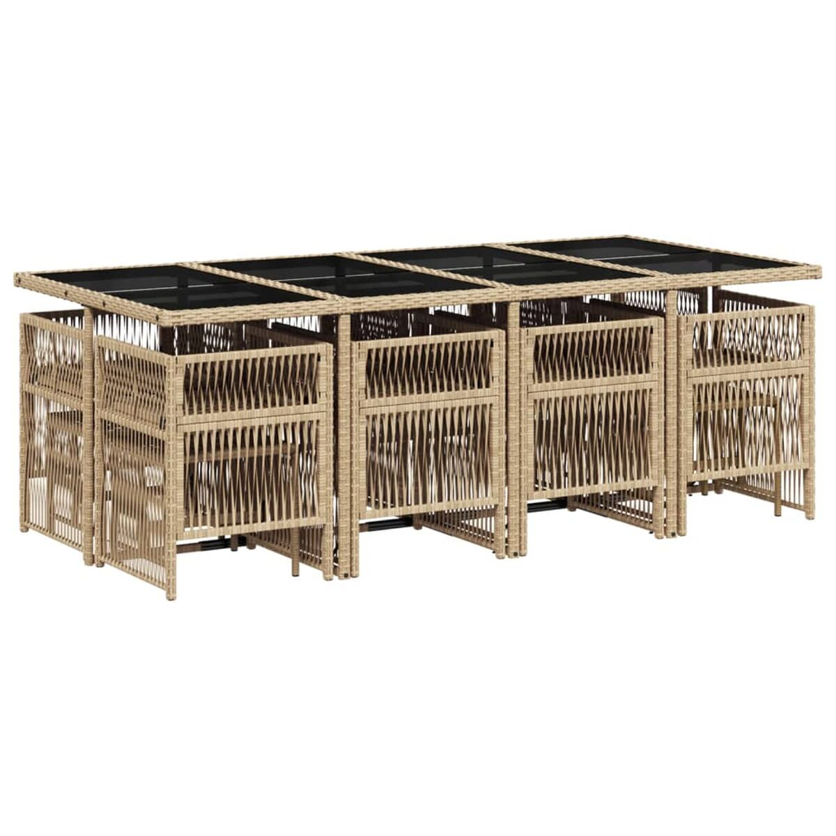 Tavolo lungo in vimini beige con cassetti e sgabelli. Piani tavolo in vetro nero. Sfondo bianco.