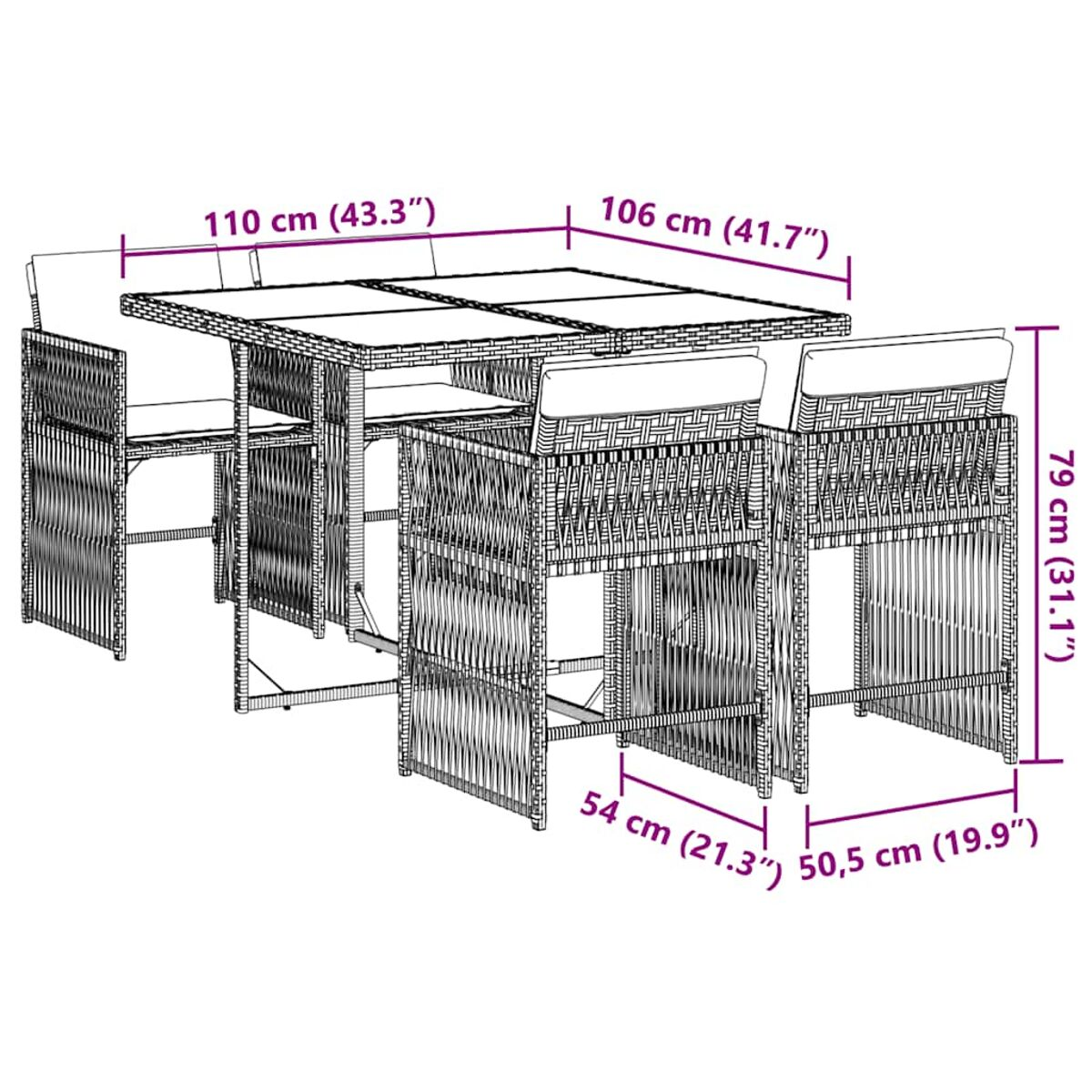 Diagramma di un set da pranzo all'aperto con dimensioni in centimetri e pollici.
