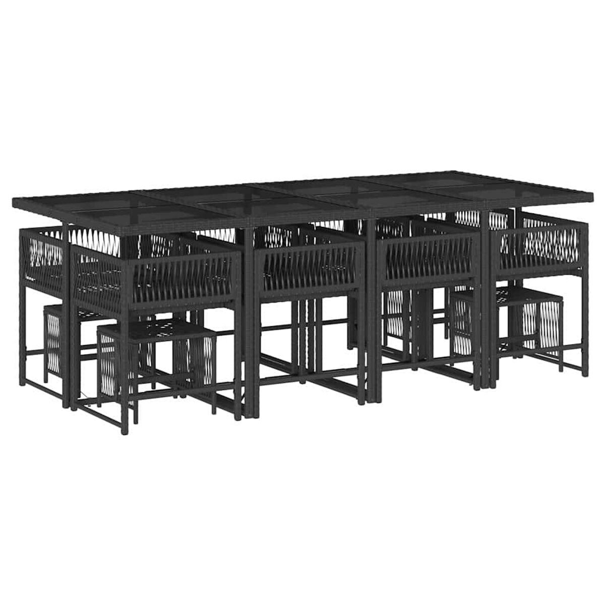 Schwarzes Ess-Set im Freien mit Tisch, Stühlen und Hockern. Weißer Hintergrund.