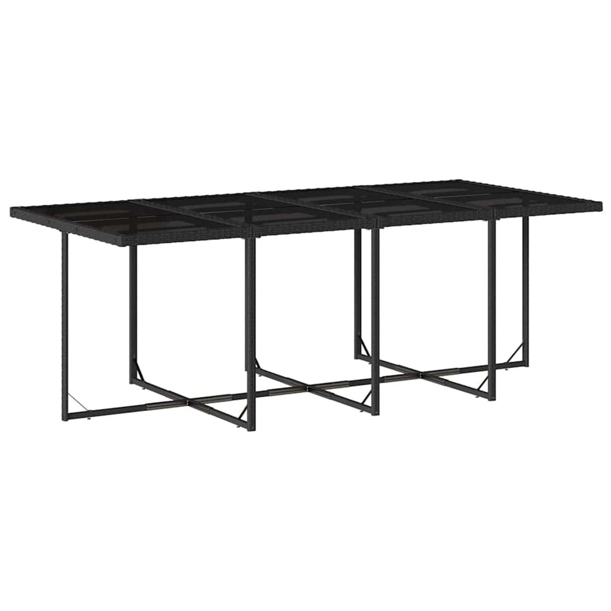 Tavolo lungo da esterno con piano nero e gambe nere. Design semplice, su sfondo bianco.