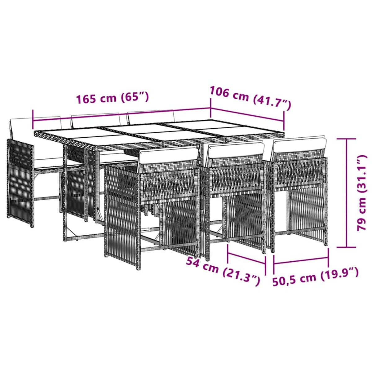 Diagramm des Esszimmers im Freien, mit Abmessungen des Tisches und der Stühle in Zentimetern und Zoll.