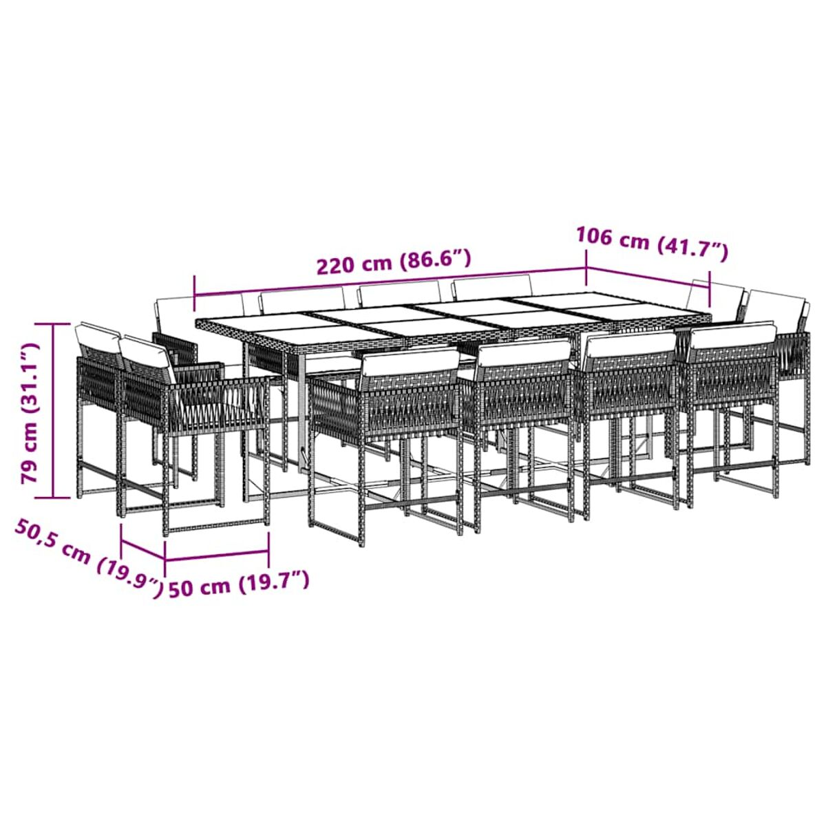 Set da pranzo in rattan per esterni, tavolo e sedie, dimensioni in cm.