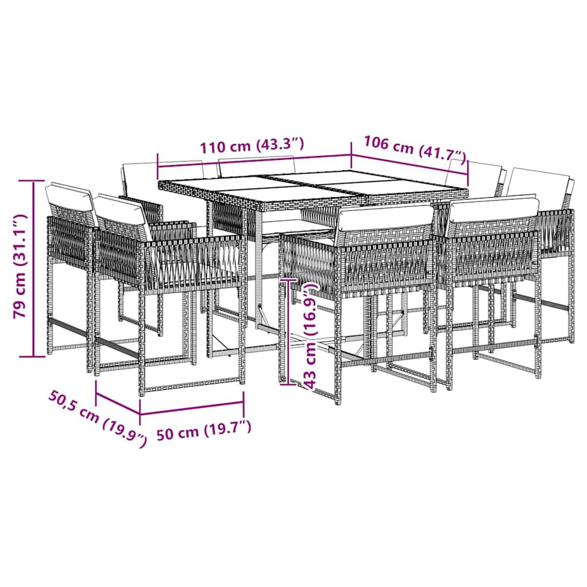 Essgruppe im Freien, mit einem Tisch mit Glasplatte und 6 Stühlen. Abmessungen sind angegeben.