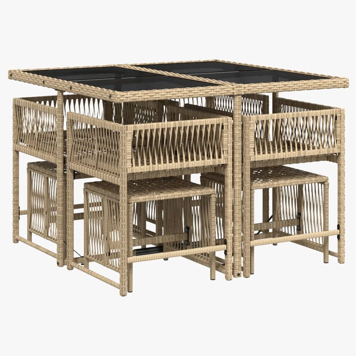 Set da pranzo quadrato in vimini beige per esterni, con tavolo e sedie.