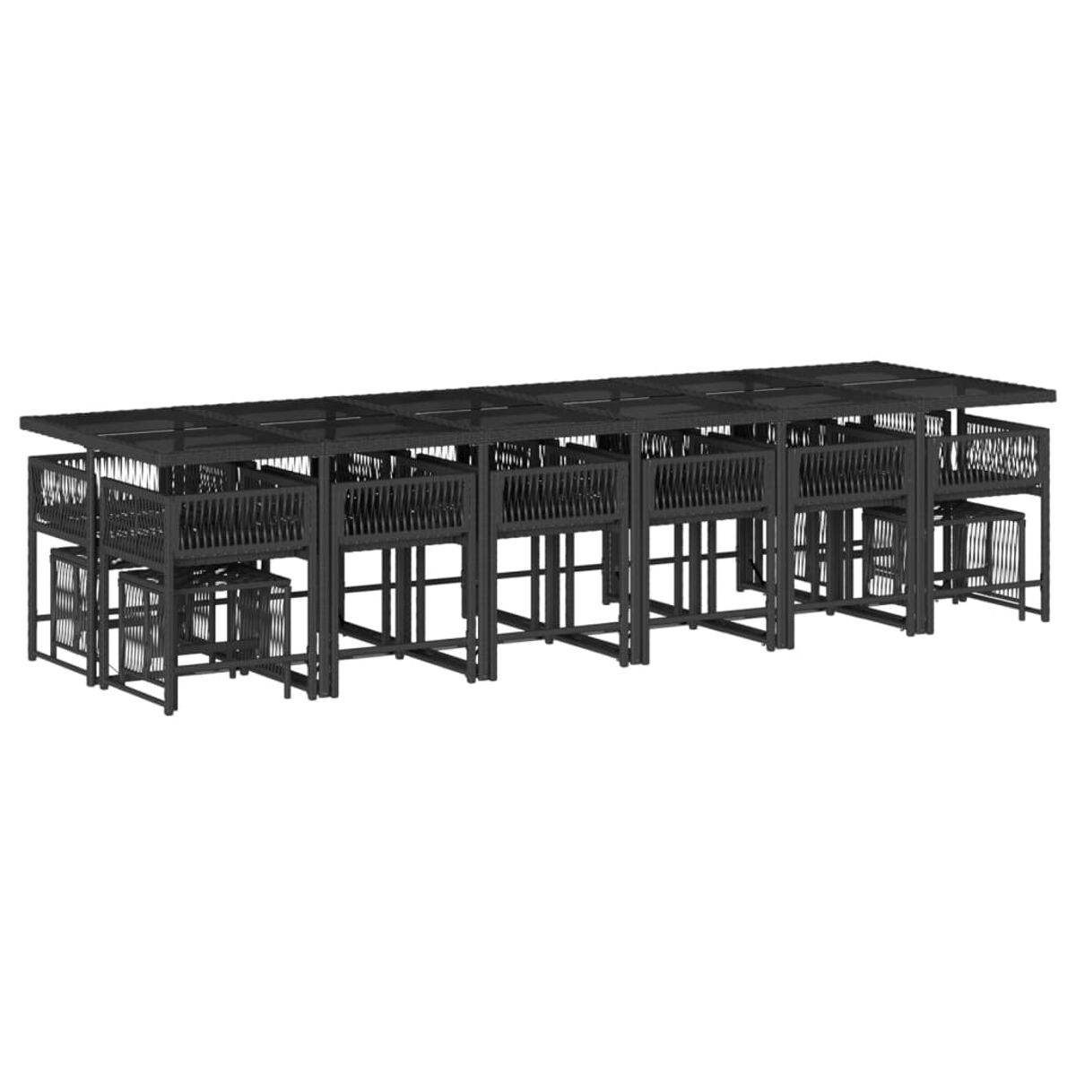 Juego de comedor exterior con mesa y sillas oscuras, dispuestas en filas.